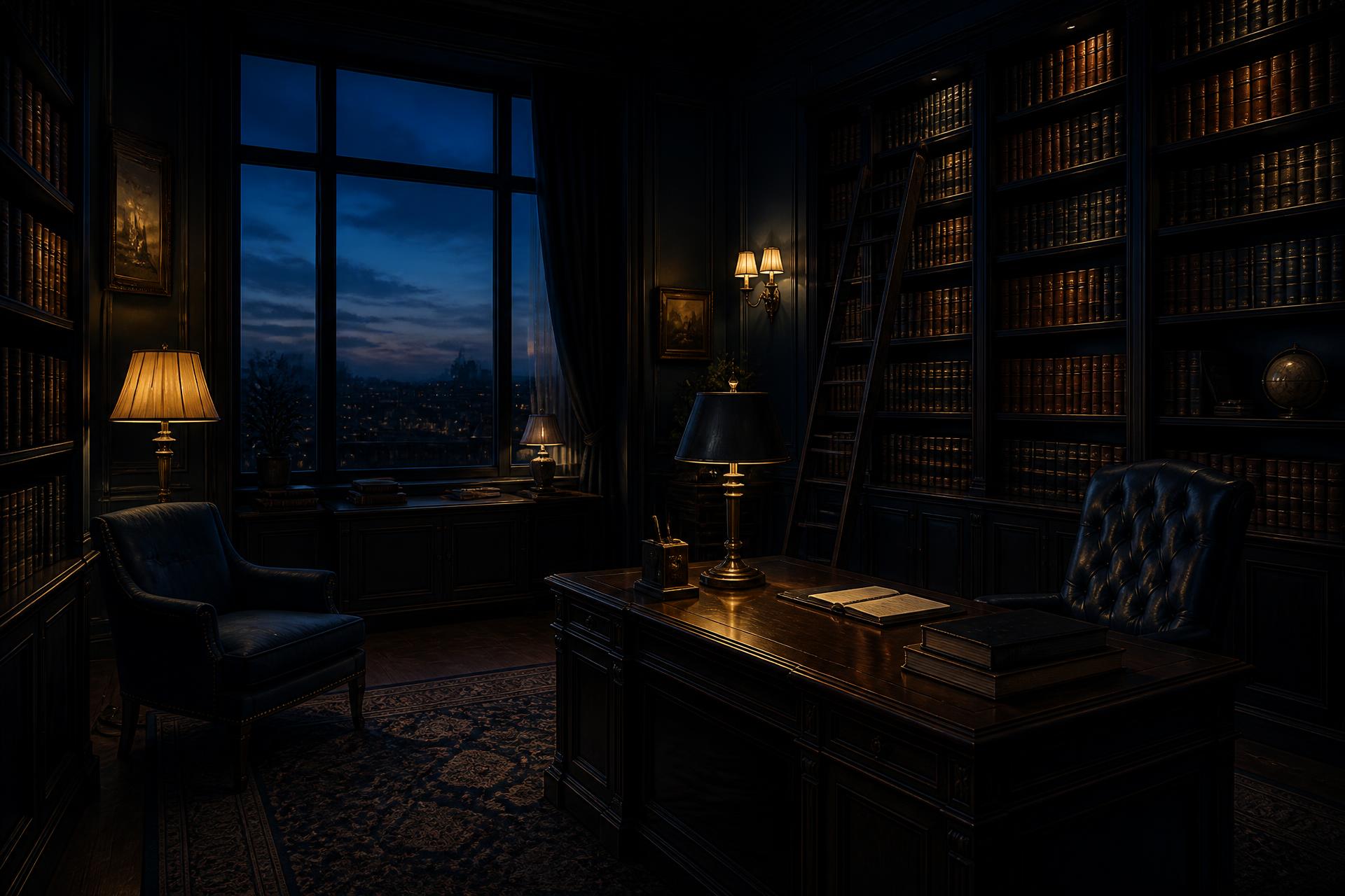 Quiet law library at dusk